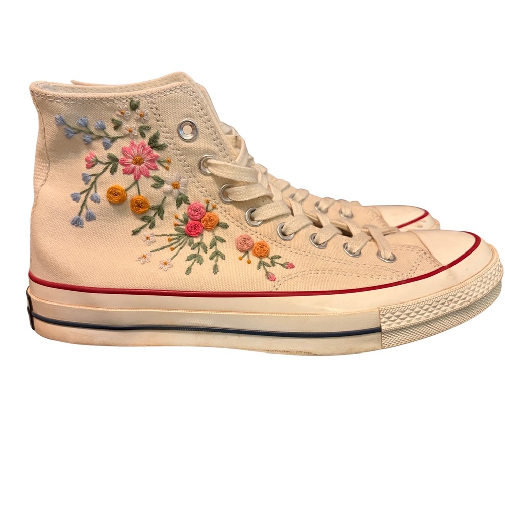 Converse High Top Sneakers Cream Canvas with Multicolor Floral Embroidery - Picture 2 of 8